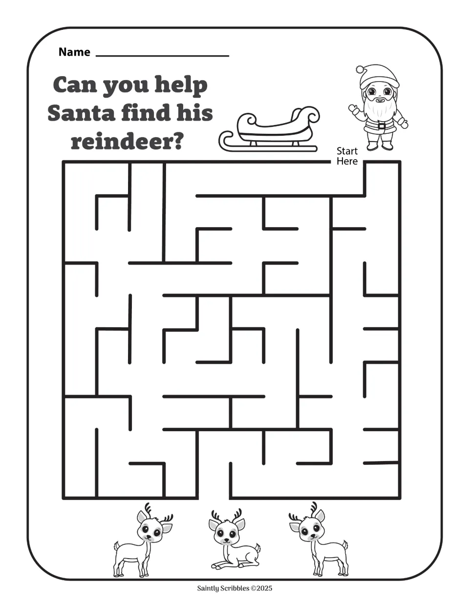 Black-and-white version of the Christmas maze asking 'Can you help Santa find his reindeer?' for students to solve