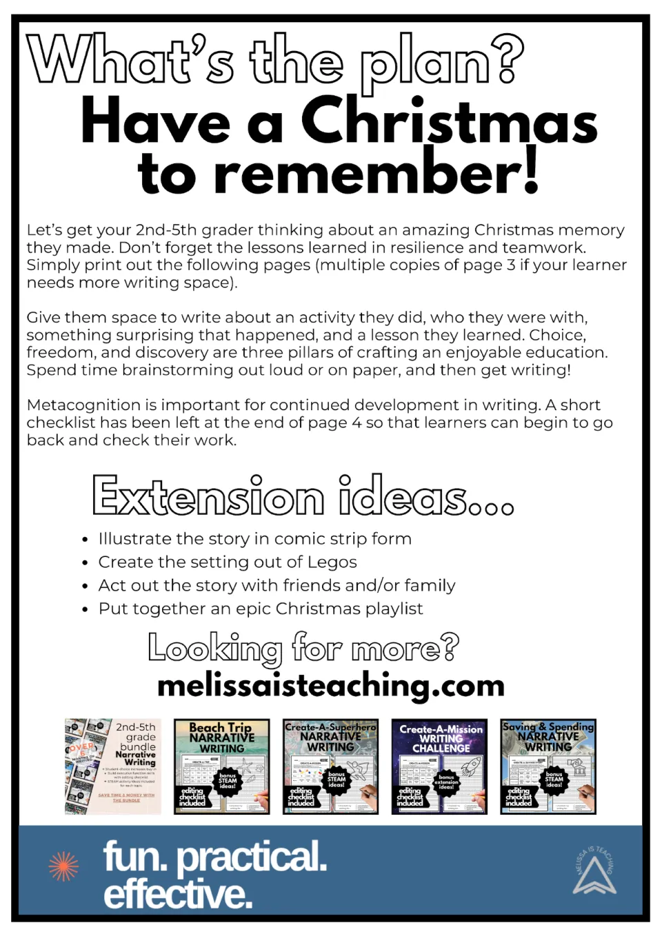 Teacher plan for a Christmas memory story: directions on brainstorming, a self-check list, and four extension ideas