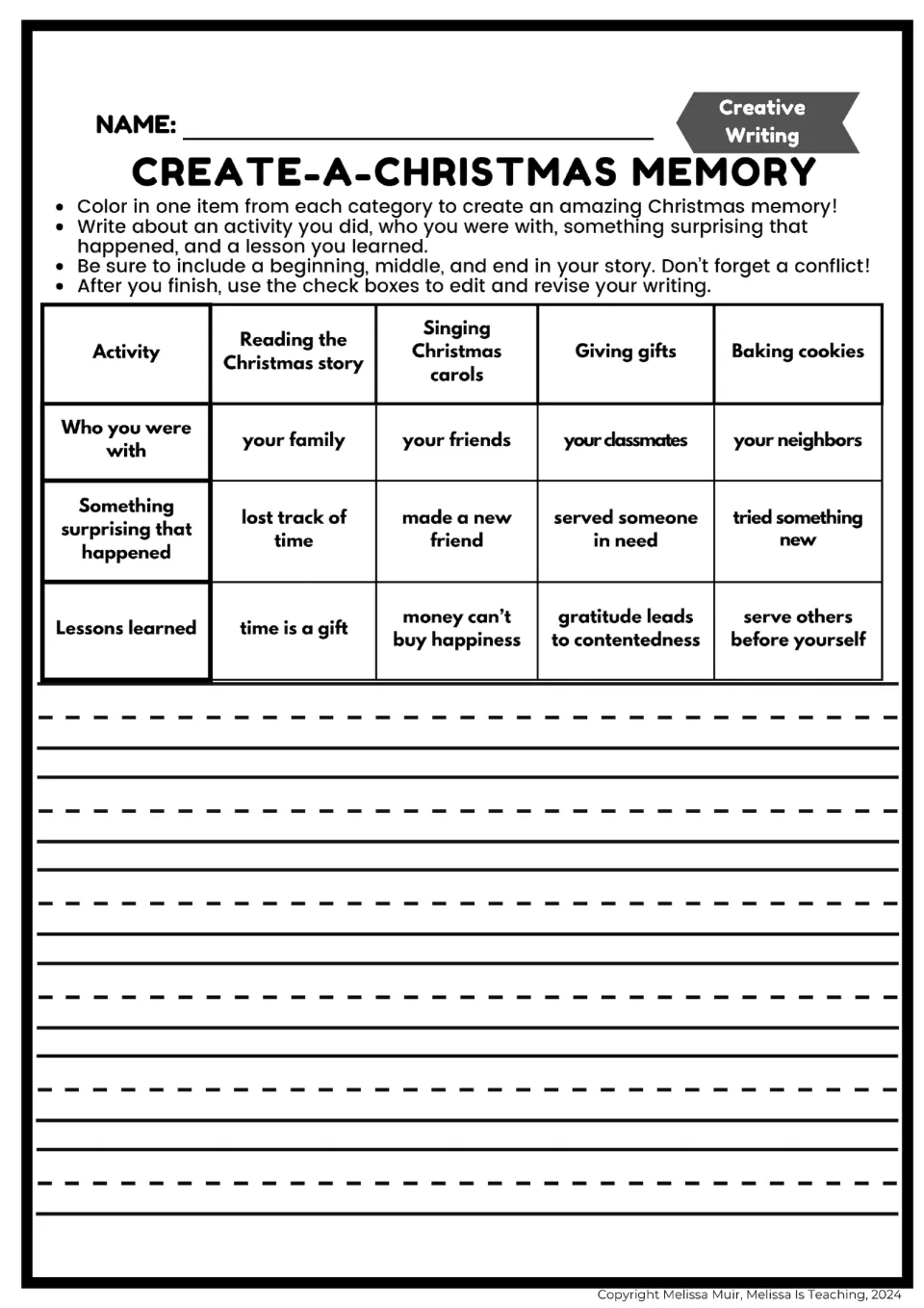 Create-a-Christmas Memory: students color one activity, companion, surprise and lesson, then write a story with a conflict