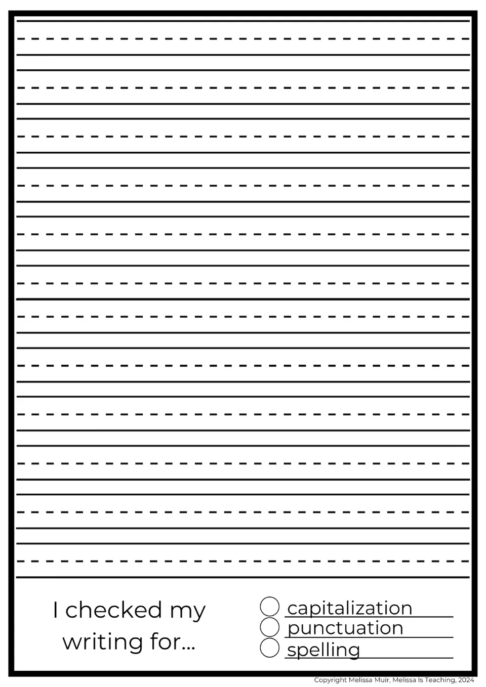 Final story writing page ending in a self-edit checklist: 'I checked my writing for' capitalization, punctuation, spelling