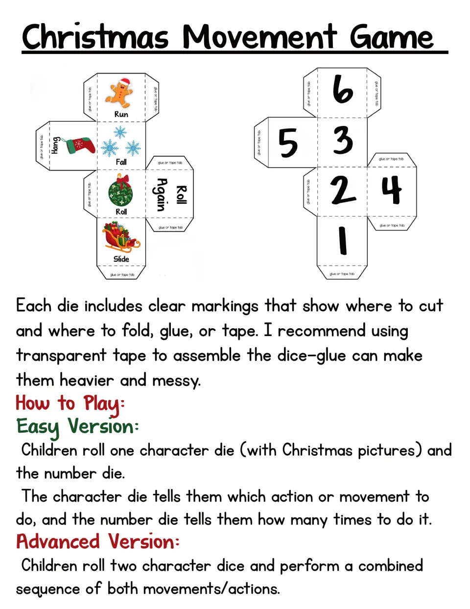 Christmas movement game instructions: assemble the dice, roll for actions and counts, or combine two actions.