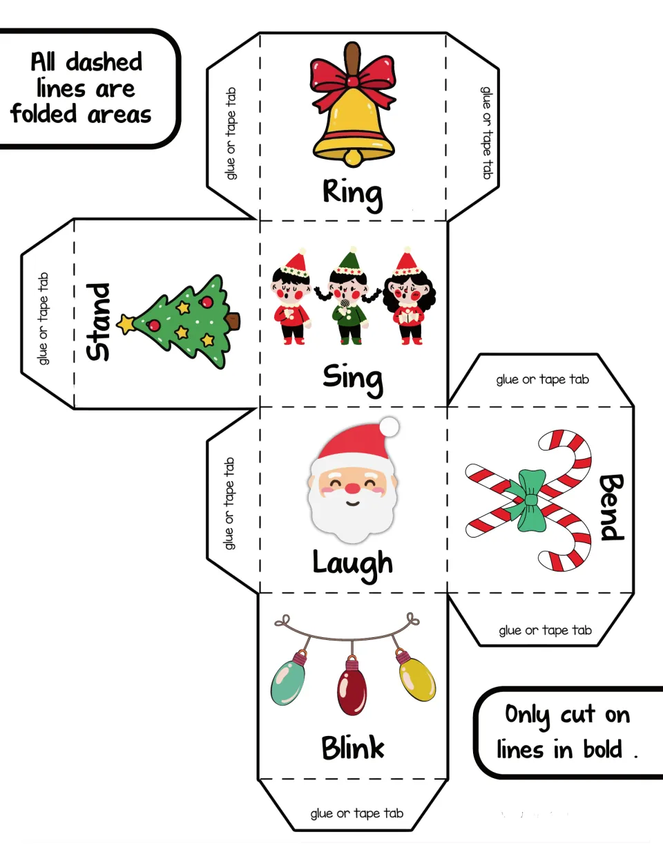First Christmas action die template: Ring, Sing, Laugh, Blink, Stand, and Bend, each paired with a picture.
