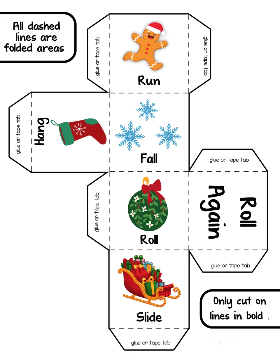 Second Christmas action die template: Run, Fall, Roll, Slide, and Hang with pictures, plus Roll Again.