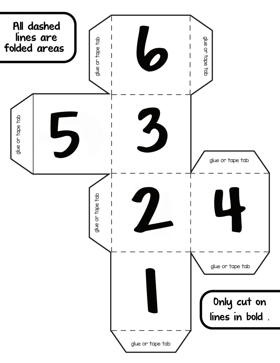 Number die template with numbers 1 through 6 to determine how many times to repeat a Christmas game action.