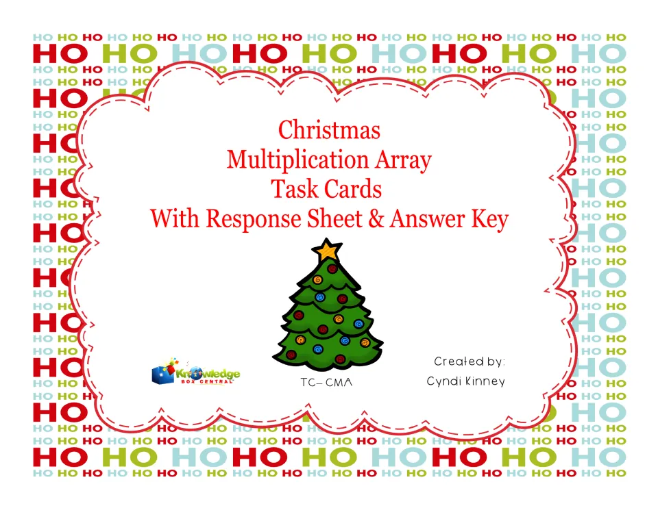 Cover for Christmas multiplication array task cards with a response sheet and answer key, shown with a decorated tree