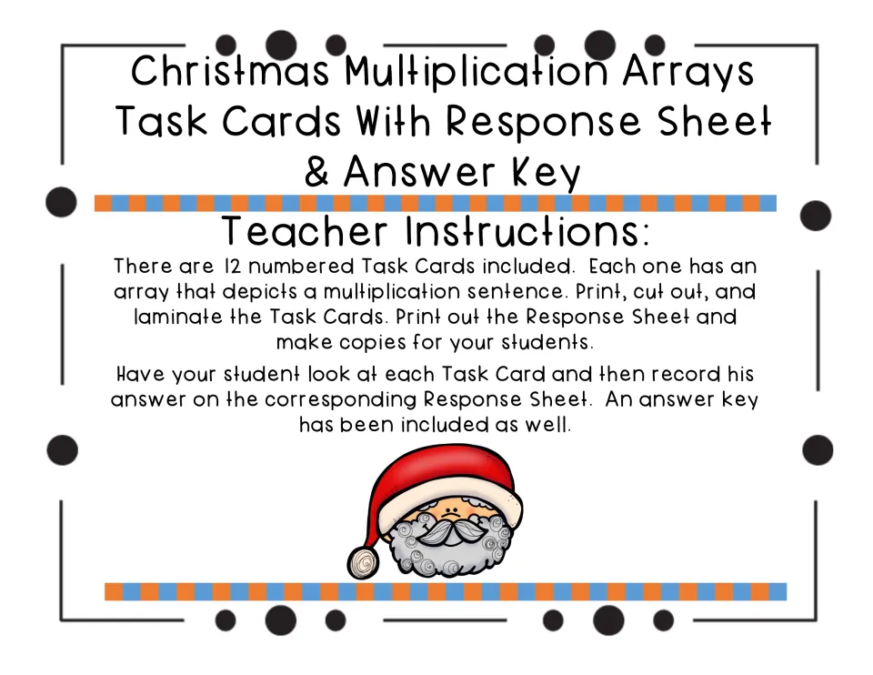 Teacher instructions: print, cut out and laminate 12 numbered array task cards; students record answers on response sheet