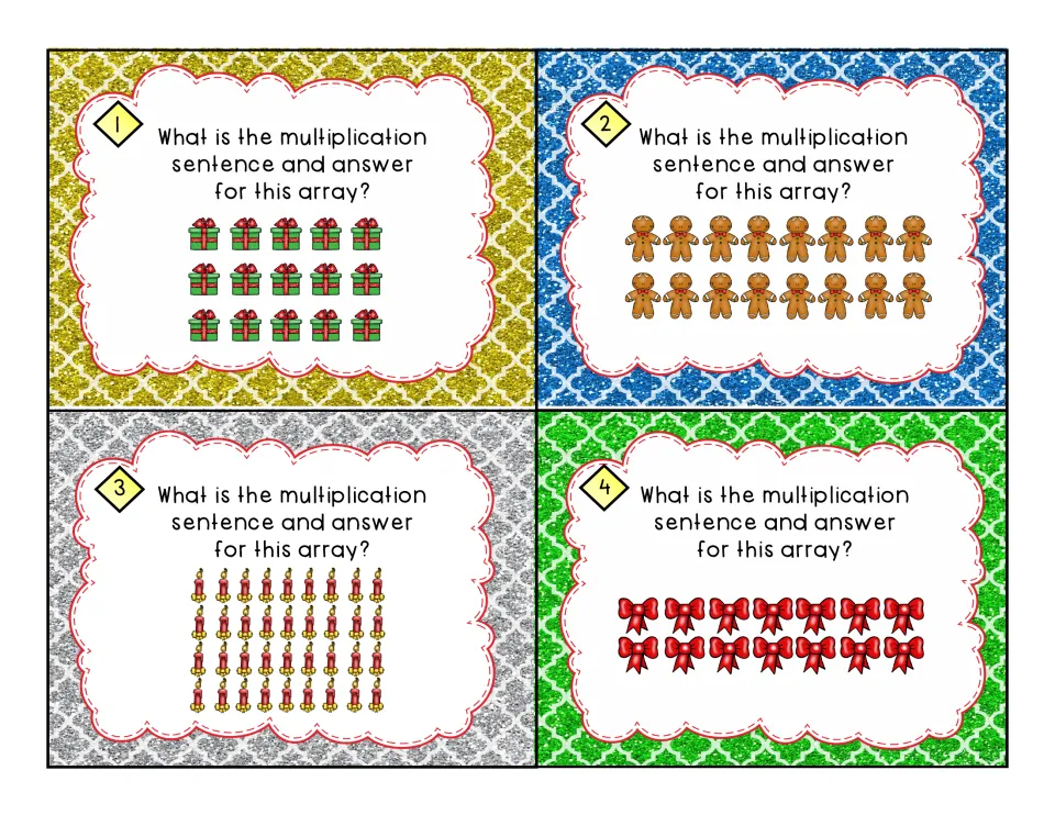 Array cards 1-4: students write the multiplication sentence and answer for gift, gingerbread, candle and bow arrays