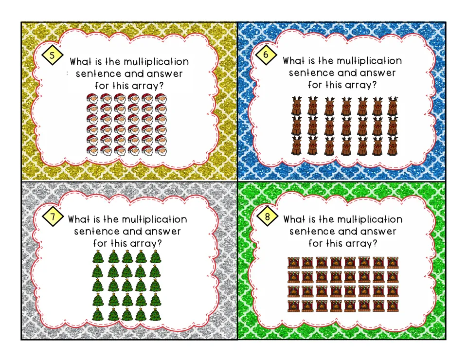 Array cards 5-8: students find the multiplication sentence and product for Santa, reindeer, tree and fireplace arrays