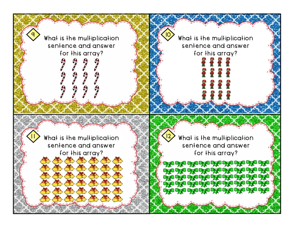 Array cards 9-12: students turn arrays of candy canes, elves, bells and bows into multiplication sentences with answers