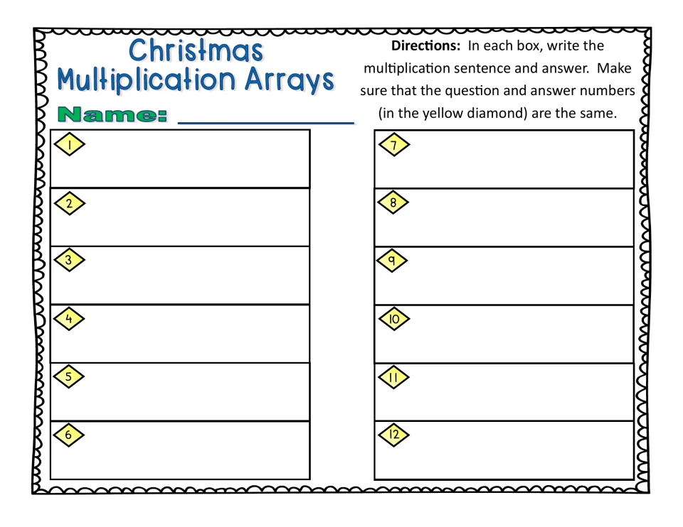 Christmas multiplication arrays response sheet: students write the multiplication sentence and answer for task cards 1-12