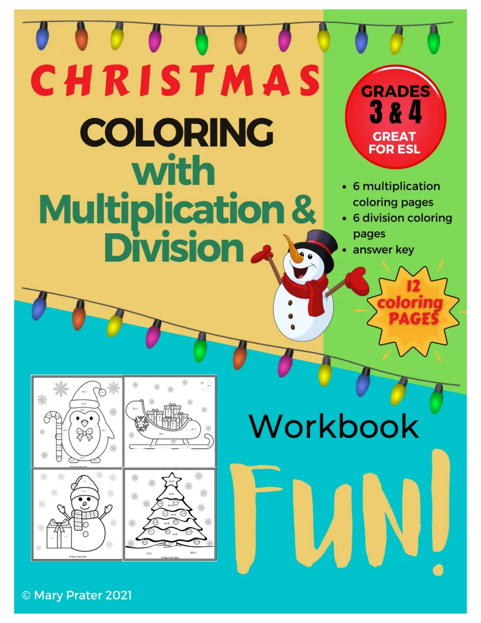 Christmas Coloring with Multiplication & Division cover listing 6 multiplication and 6 division pages plus answer key
