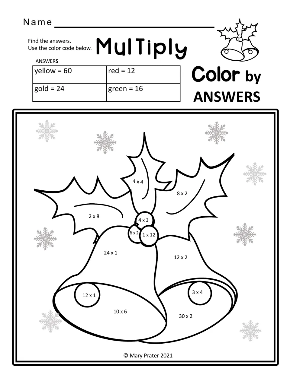 Multiply color by answers: students solve facts like 4 x 4 and 10 x 6 on holly and bells, coloring by a 4-color code