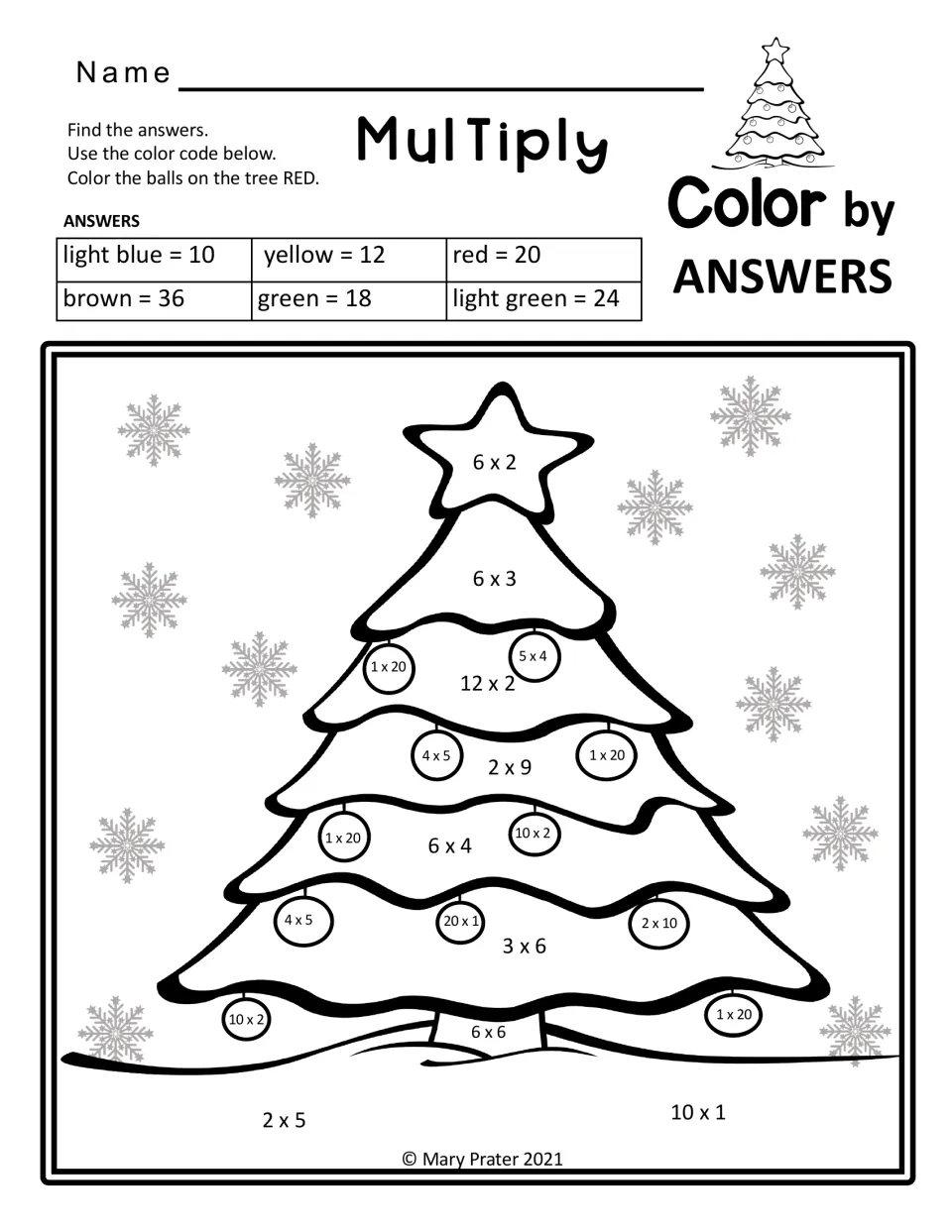 Multiply color by answers Christmas tree: students solve facts such as 6 x 3 and 12 x 2, then color ornaments red