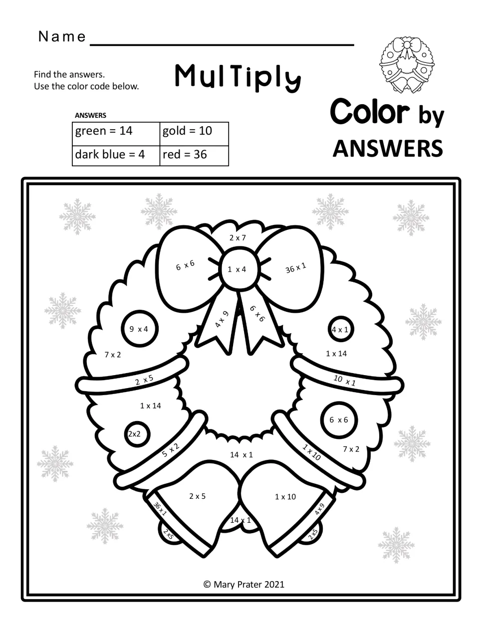 Multiply color by answers wreath: students solve facts like 2 x 7, 9 x 4 and 1 x 10 and color green, gold, blue or red