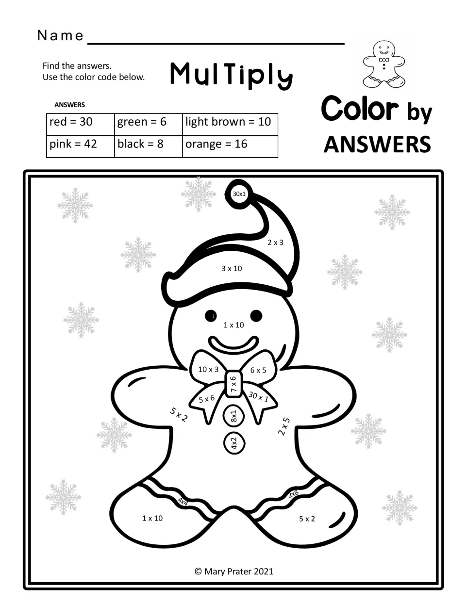 Multiply color by answers gingerbread man in a Santa hat: students solve facts like 7 x 6 and 3 x 10 using a 6-color code