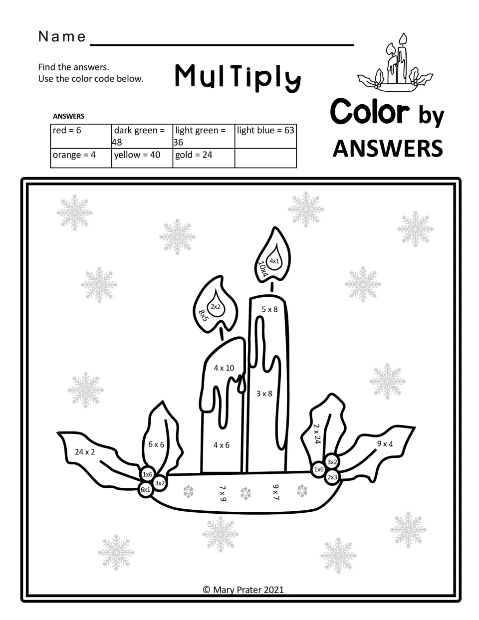 Multiply color by answers candles with holly: students solve facts such as 9 x 7, 5 x 8 and 24 x 2 to color each section