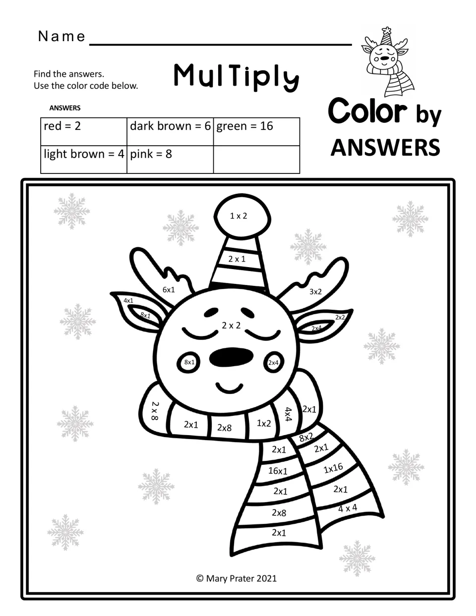 Multiply color by answers reindeer in a striped hat and scarf: students solve facts like 2 x 8, 4 x 4 and 16 x 1