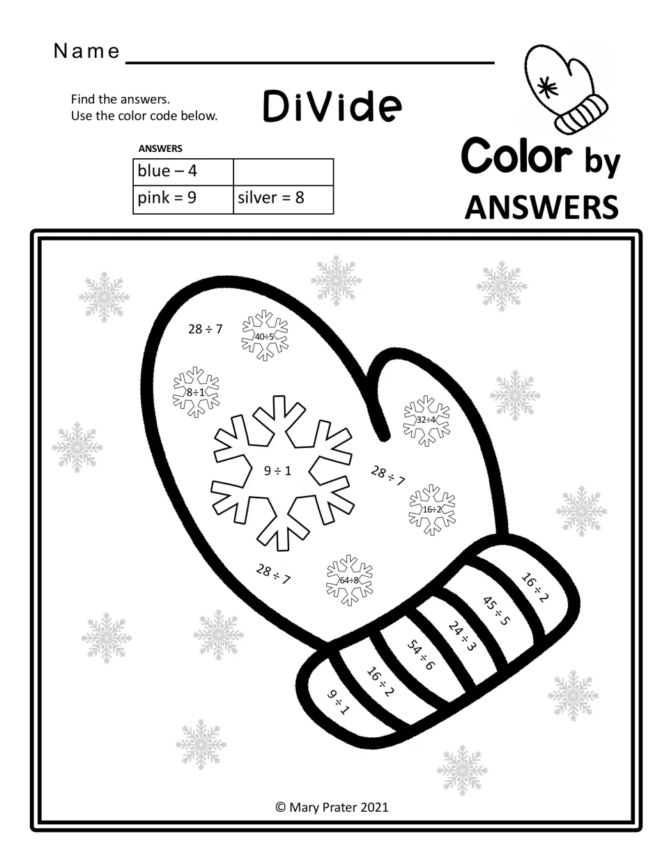 Divide color by answers mitten: students solve facts like 28 ÷ 7, 64 ÷ 8 and 54 ÷ 6 and color blue, pink or silver