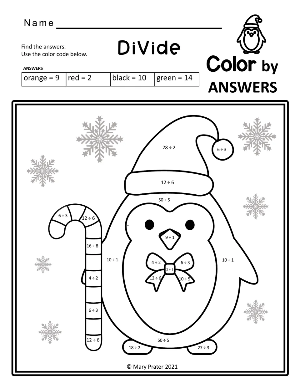 Divide color by answers penguin with candy cane: students solve facts such as 28 ÷ 2, 50 ÷ 5 and 27 ÷ 3 to color it