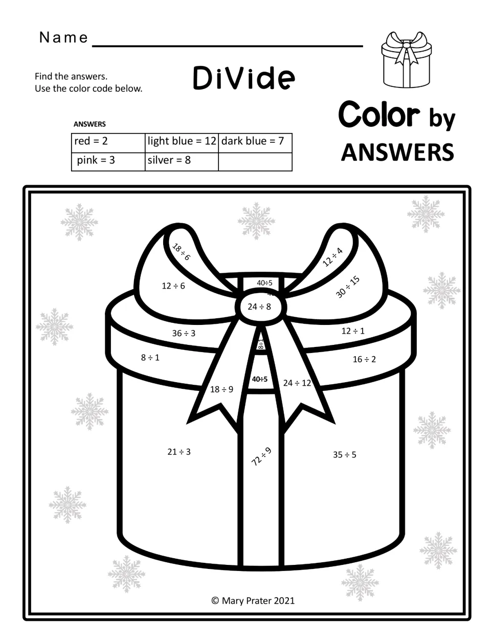 Divide color by answers gift box with bow: students solve facts like 72 ÷ 9, 21 ÷ 3 and 30 ÷ 15 using a 5-color code