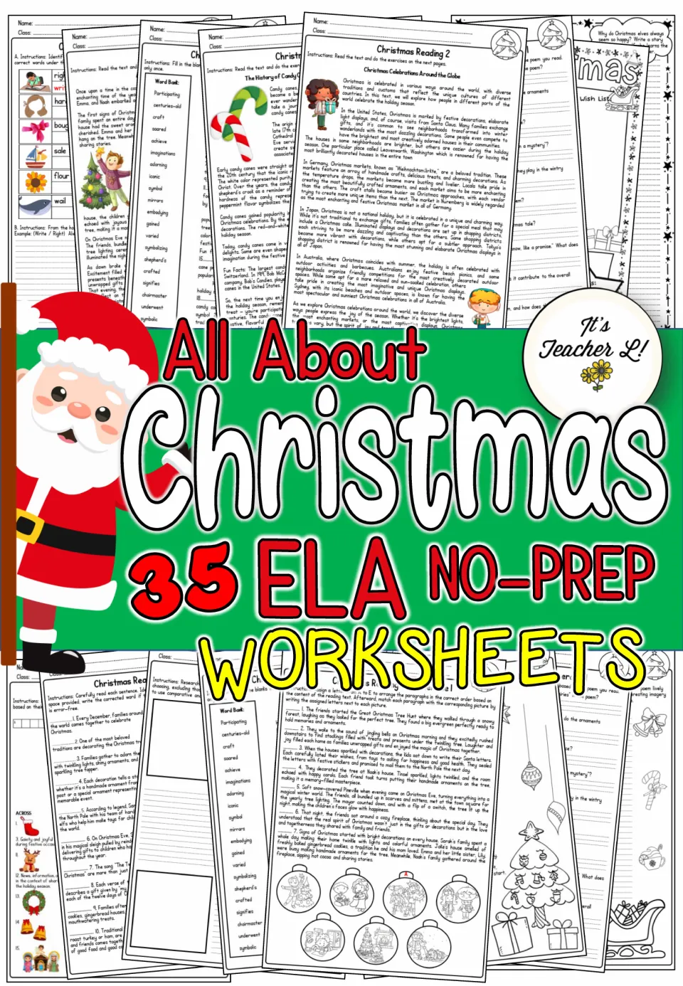 Cover of the Christmas ELA resource advertising 35 no-prep worksheets and showing sample activity pages