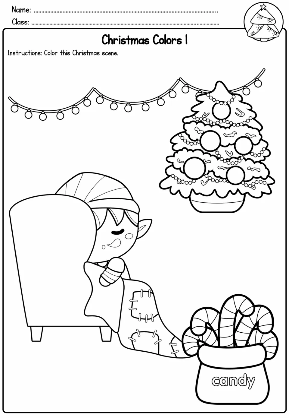 Christmas Colors 1 coloring activity featuring an elf in an armchair, a decorated tree, and candy canes