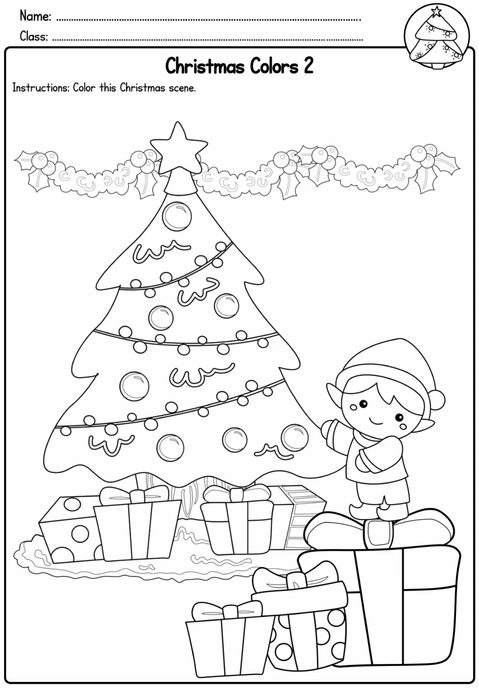 Christmas Colors 2 coloring activity featuring an elf beside a decorated Christmas tree and wrapped gifts