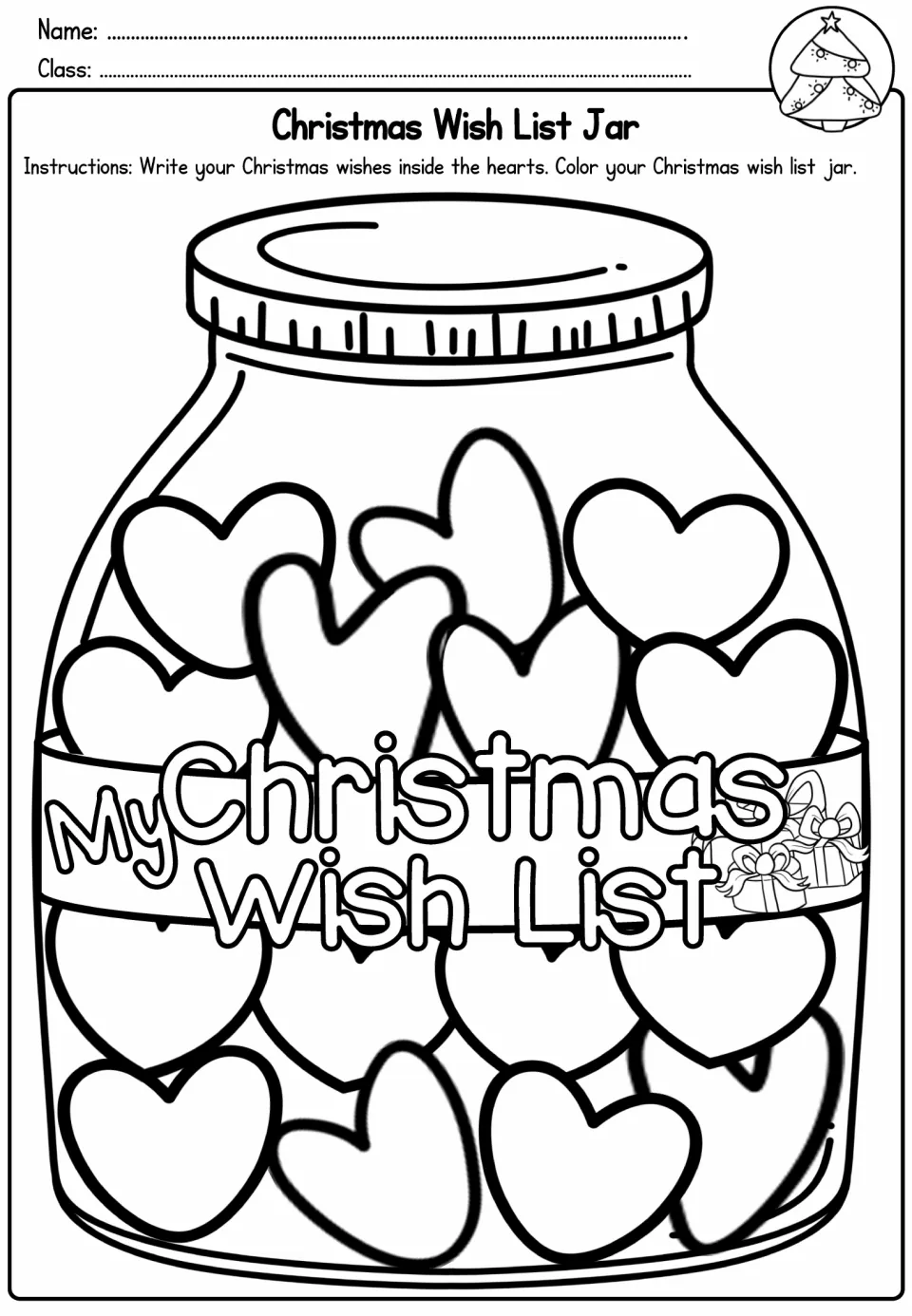 Christmas Wish List Jar activity asks students to write their wishes inside hearts and color the jar