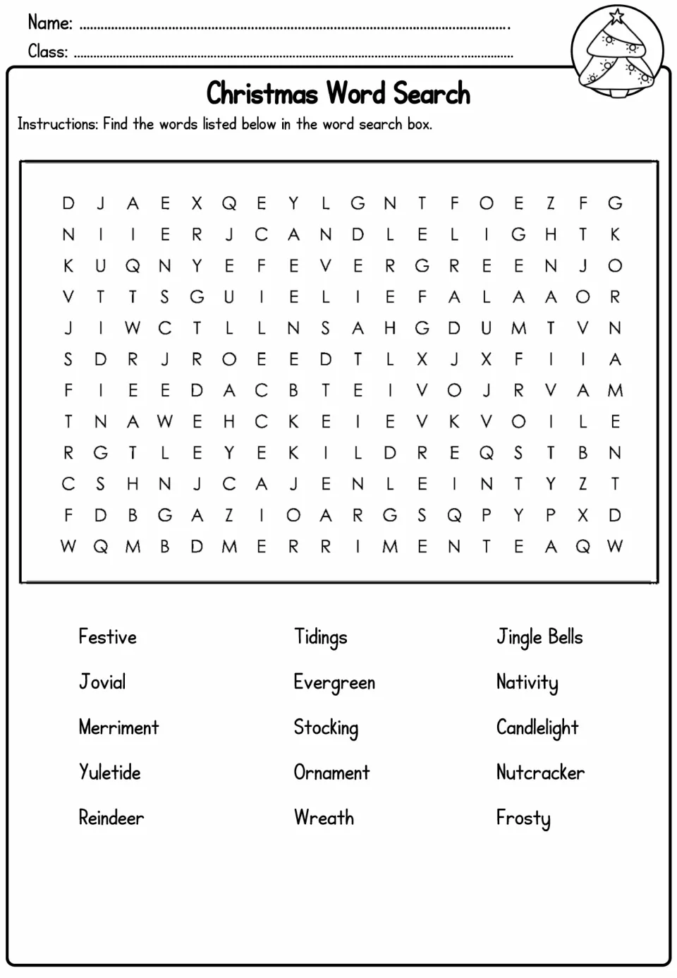 Christmas Word Search activity asks students to find 15 words, including festive, tidings, and evergreen