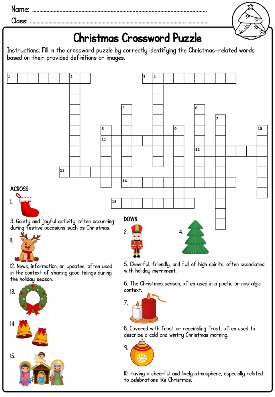 Christmas Crossword Puzzle uses definitions and picture clues for 15 words, including stocking and wreath