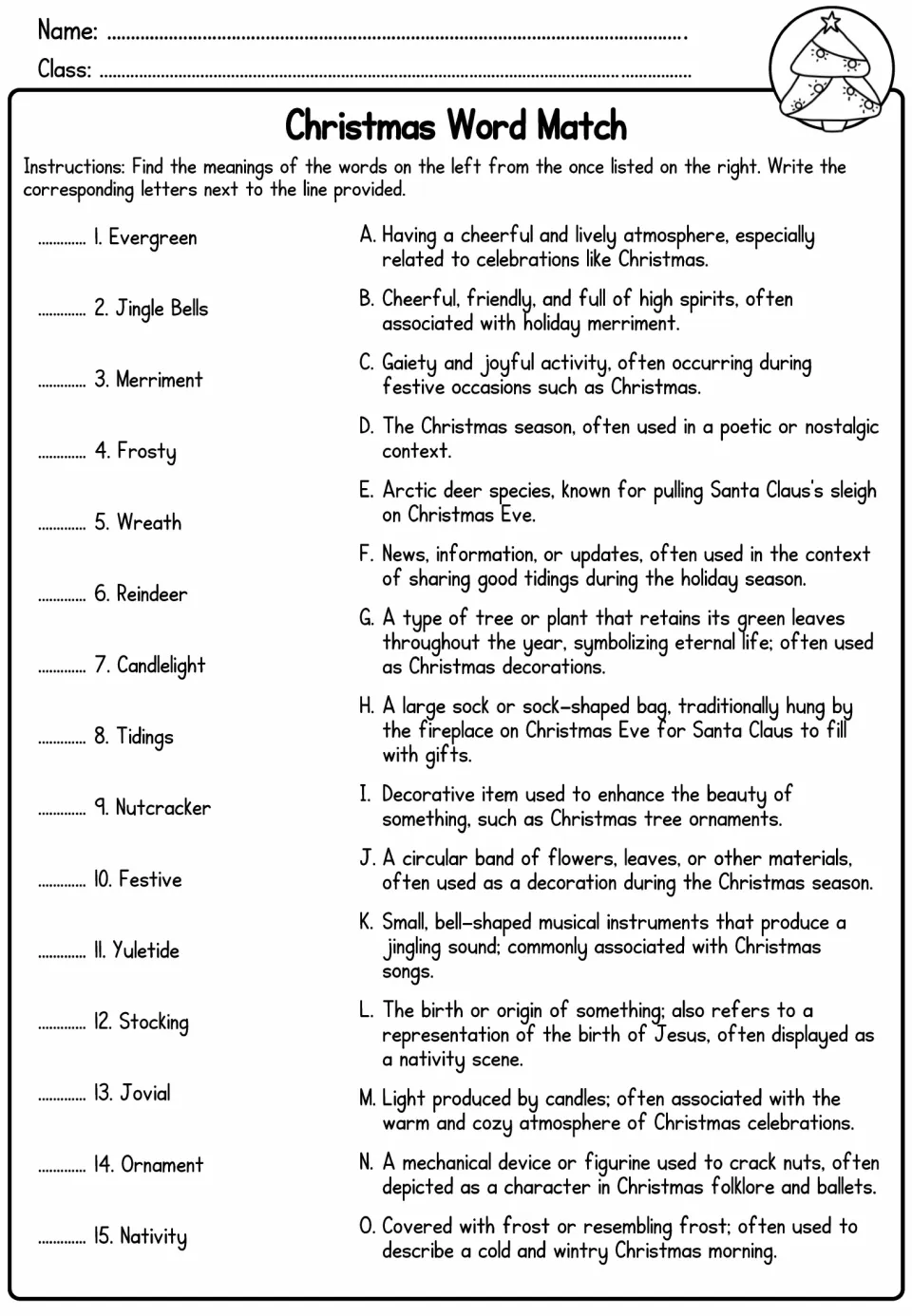Christmas Word Match asks students to match 15 terms, including evergreen and nativity, to their meanings