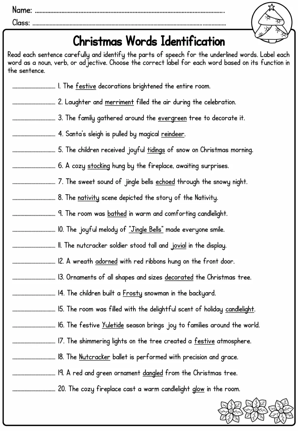Christmas Words Identification asks students to label underlined words in 20 sentences as parts of speech