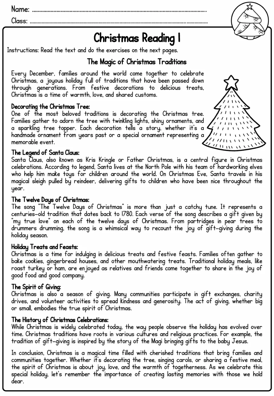 Christmas Reading 1 passage covers tree decorating, Santa Claus, holiday songs, feasts, giving, and history
