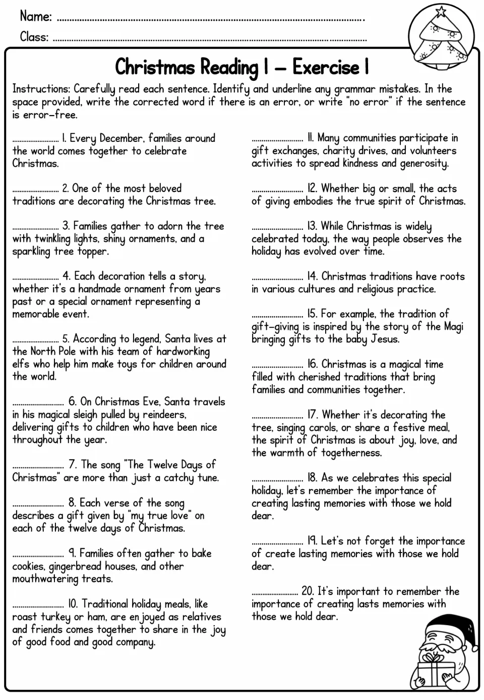 Christmas Reading 1 follow-up asks students to check 20 sentences for grammar errors and write corrections