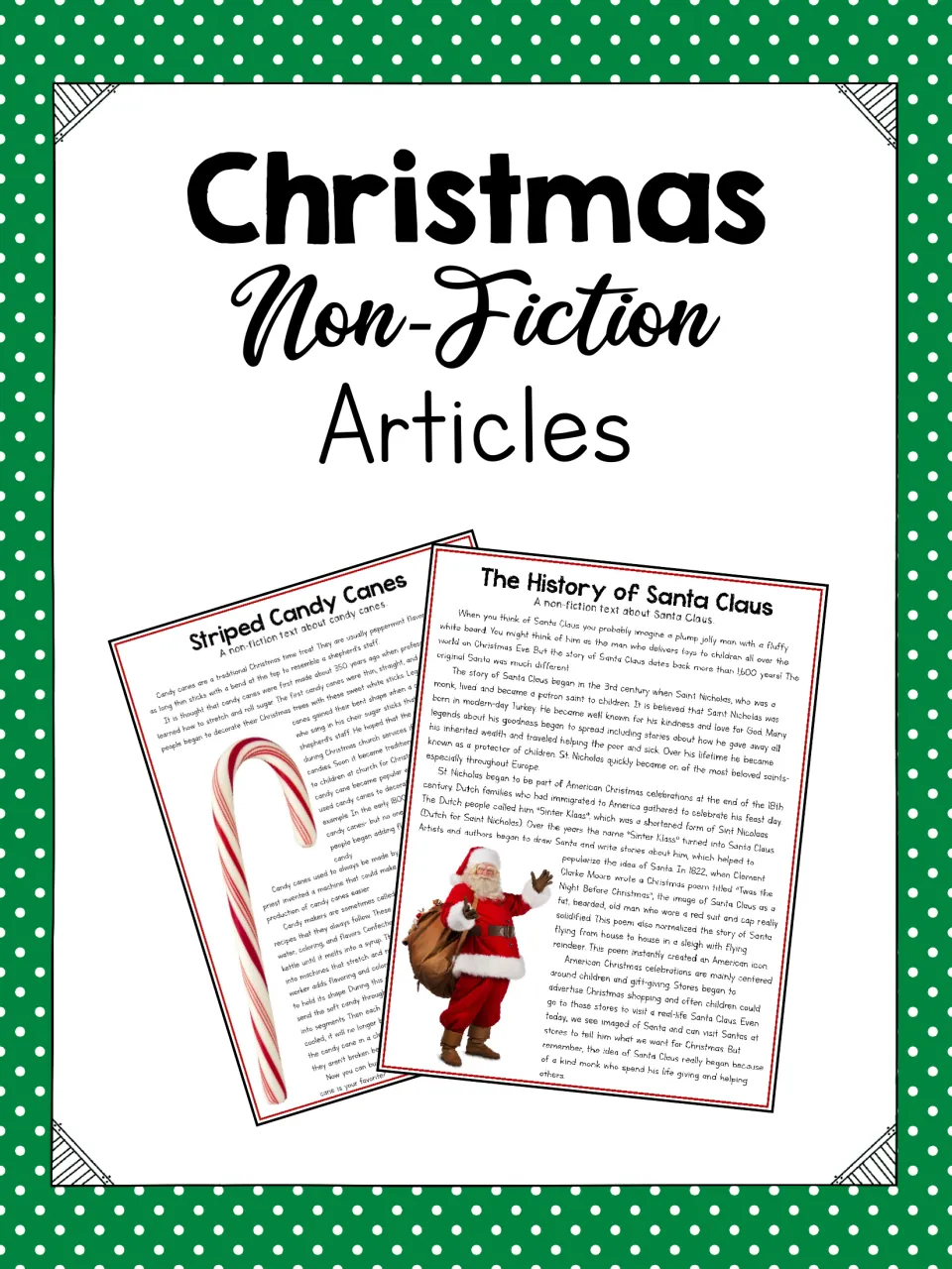 Christmas Non-Fiction Articles cover showing sample articles about Santa Claus and striped candy canes