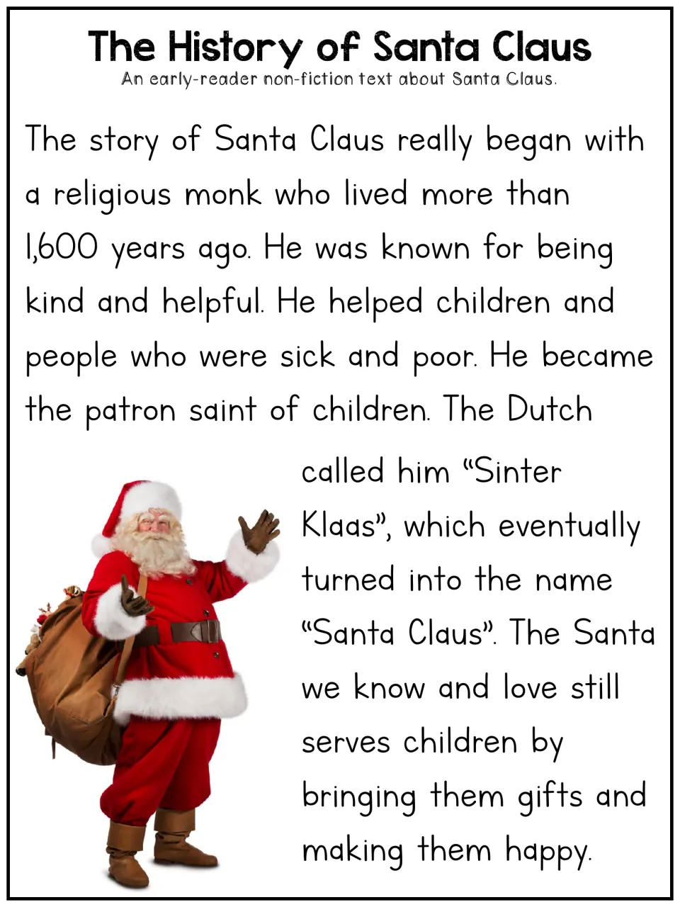 Early-reader Santa Claus article tracing his story to a kind monk and the Dutch name Sinter Klaas