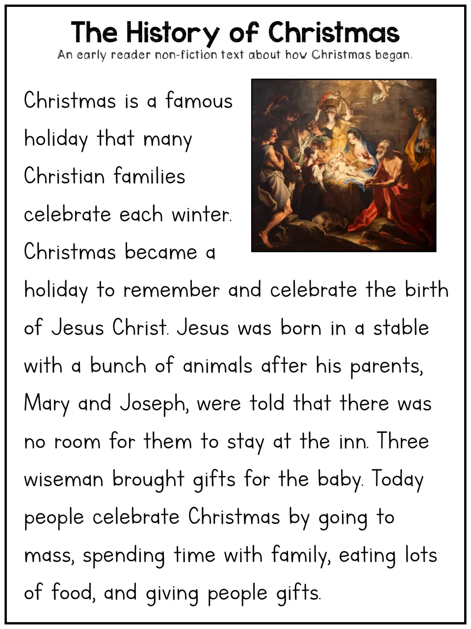 Early-reader Christmas history article about Jesus's birth, Mary and Joseph, gifts, and celebrations