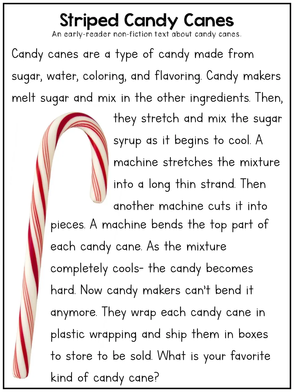 Early-reader candy cane article explaining how sugar is mixed, stretched, cut, bent, cooled, and wrapped