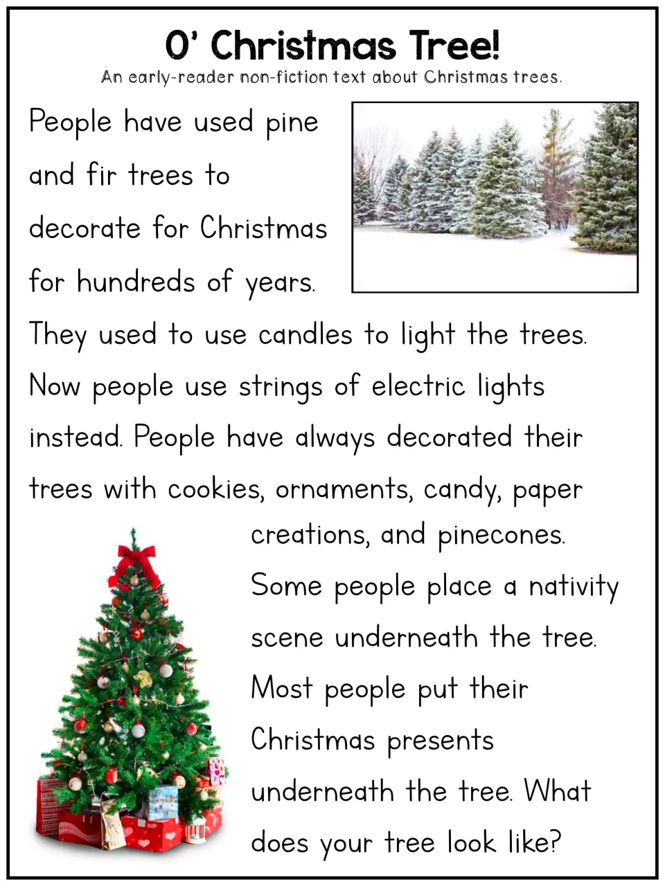 Early-reader Christmas tree article about pine and fir trees, candles, electric lights, and decorations