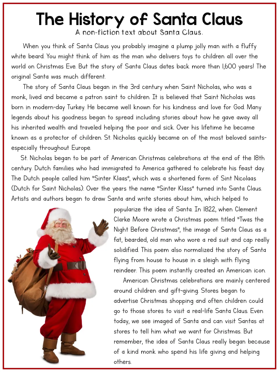 Longer Santa Claus article tracing Saint Nicholas, Dutch traditions, a Christmas poem, and store Santas