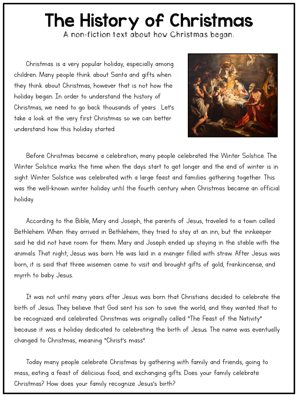 Longer Christmas history article covering winter solstice celebrations, Jesus's birth, and holiday customs