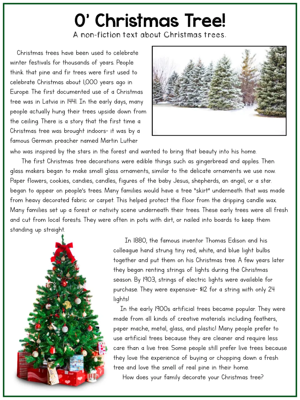 Longer Christmas tree article tracing early traditions, edible ornaments, electric lights, and artificial trees
