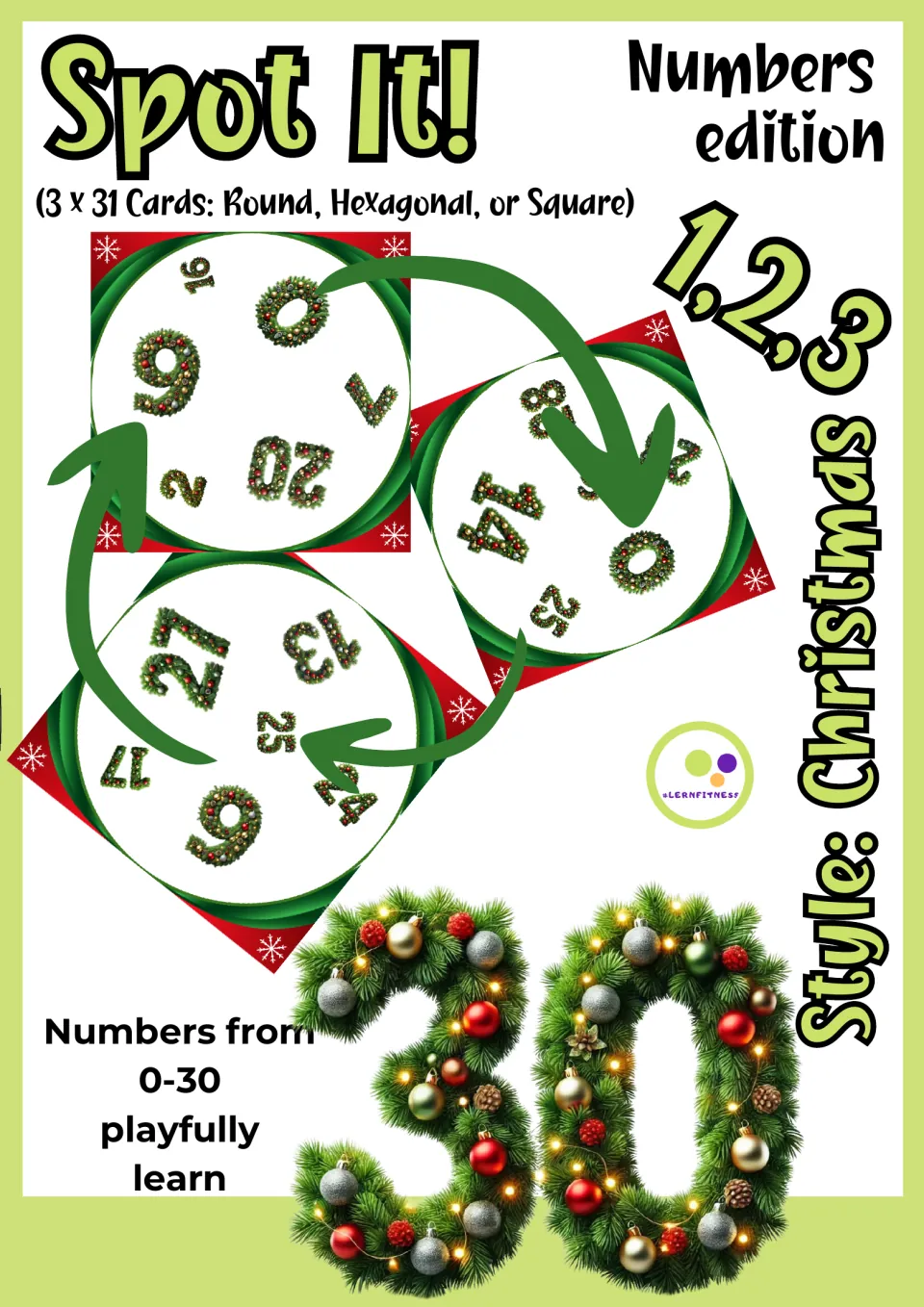 Spot It! Numbers edition cover: Christmas wreath number cards for 0-30, in round, hexagonal or square sets of 31 cards