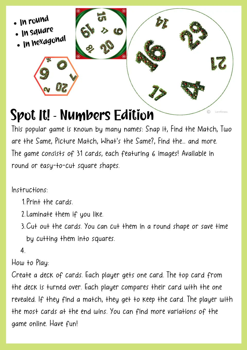 Spot It! Numbers Edition instructions: print, laminate and cut out 31 cards, then players compare cards to find a match