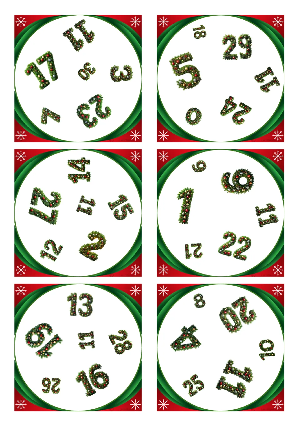 Square Christmas number cards for spot-the-match: six cards with six numbers each, the first showing 17, 11, 30, 3, 23, 7