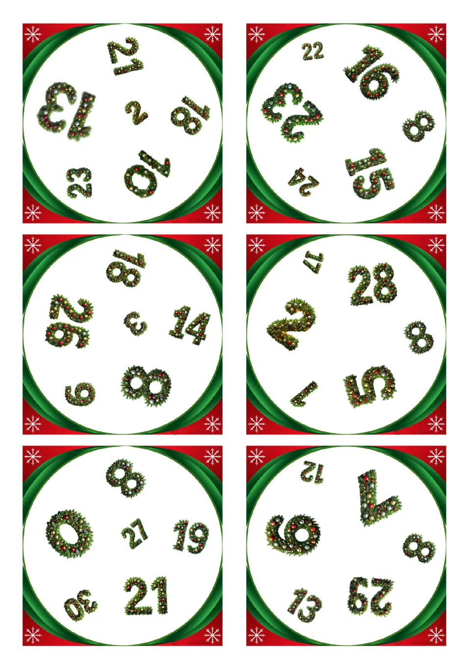 Square Christmas number cards for spot-the-match: six cards with six numbers each, the first showing 13, 21, 2, 18, 10, 23
