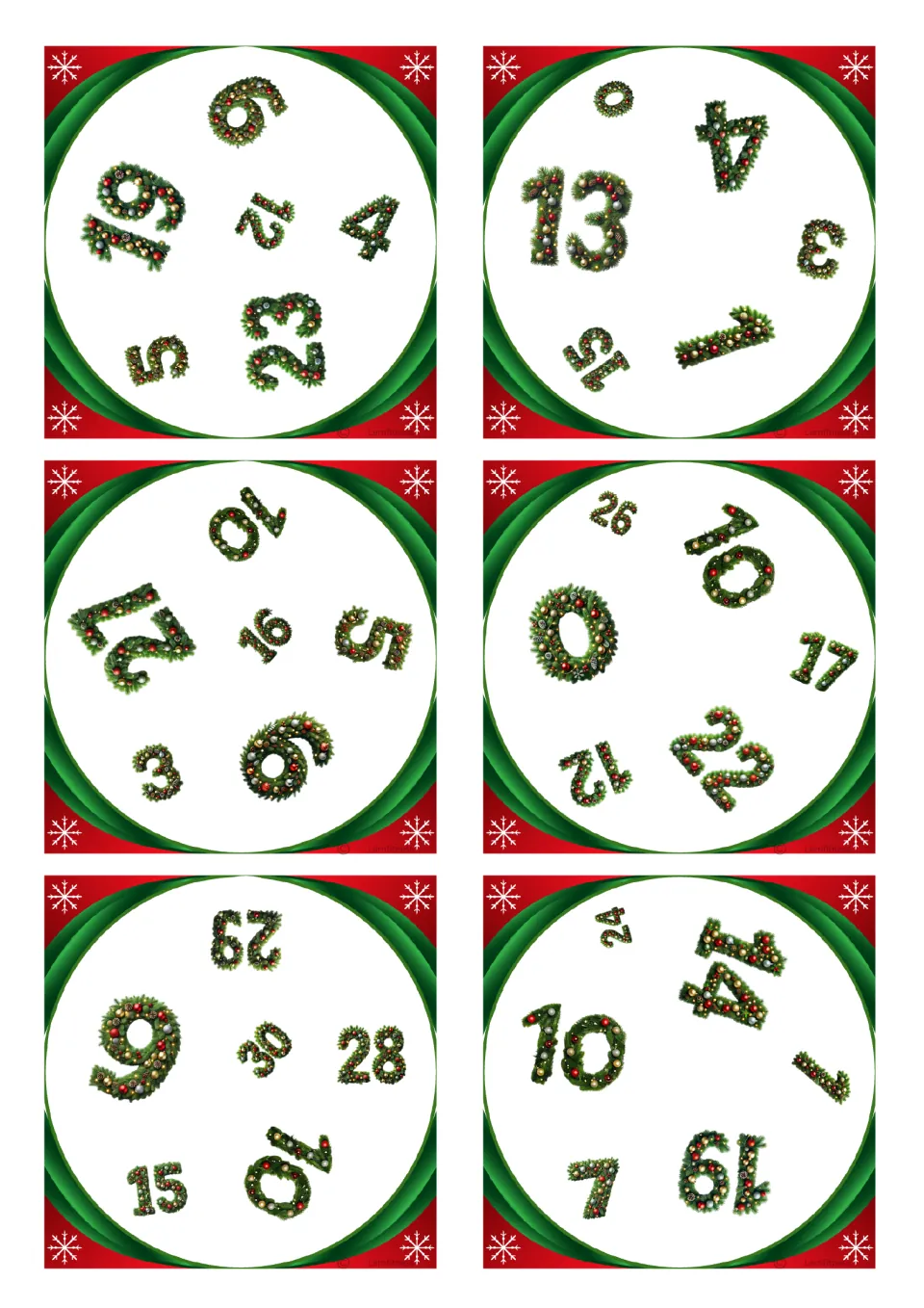 Square Christmas number cards for spot-the-match: six cards with six numbers each, the first showing 19, 9, 12, 4, 23, 5