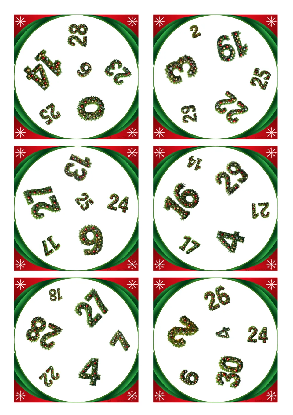 Square Christmas number cards for spot-the-match: six cards with six numbers each, the first showing 14, 28, 9, 23, 0, 25