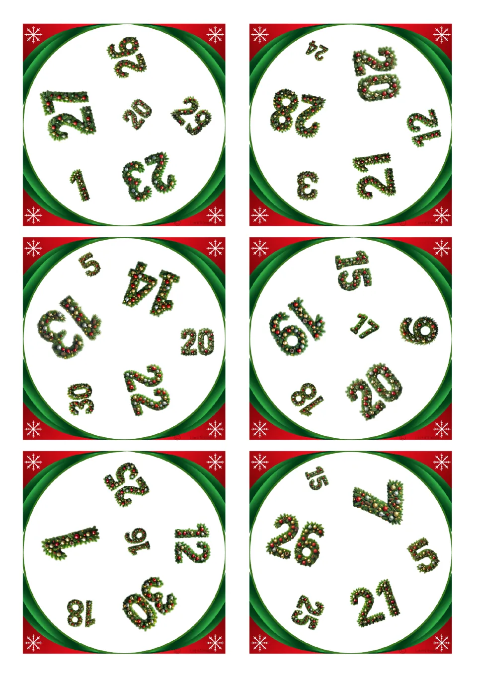 Square Christmas number cards for spot-the-match: six cards with six numbers each, the first showing 27, 26, 20, 29, 1, 23