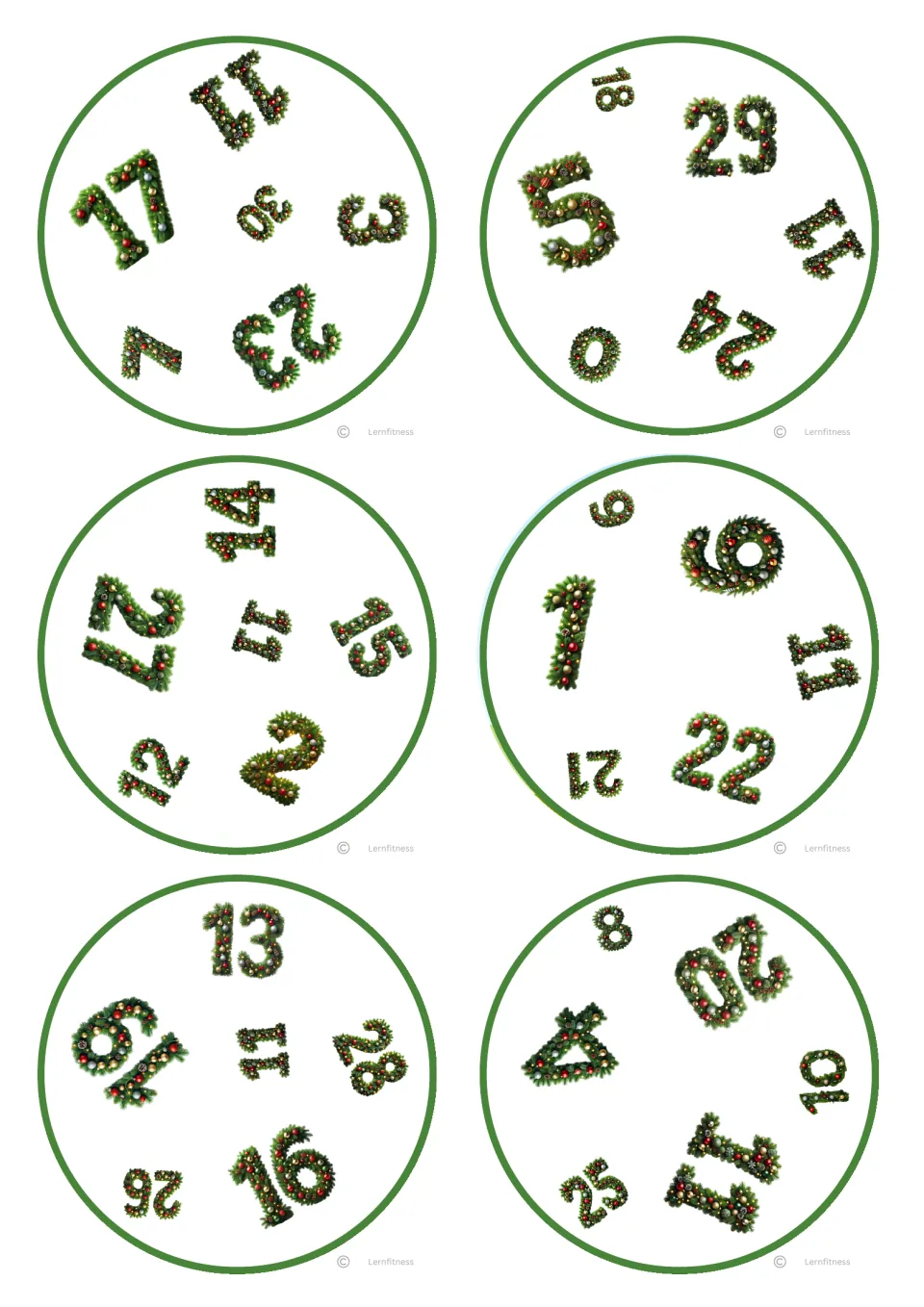 Round Christmas number cards for spot-the-match: six circular cards to cut out, the first showing 17, 11, 30, 3, 23, 7